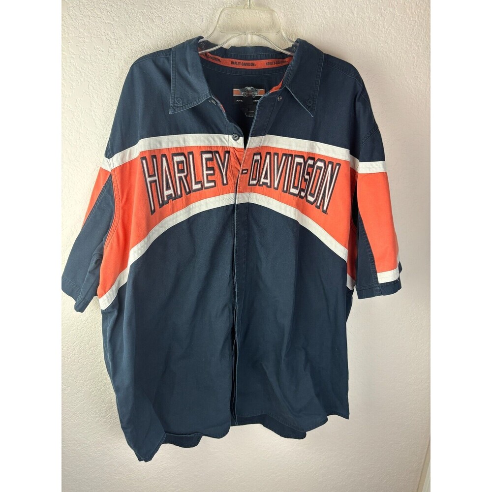 Harley Davidson Racing Mens Button Down Shirt Blue 3XL Short Sleeve Collared